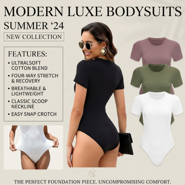 MLYENX 5 Pack Body Suits for Womens Short Sleeve Round Neck Casual Stretchy Basic T Shirt Bodysuit Tops