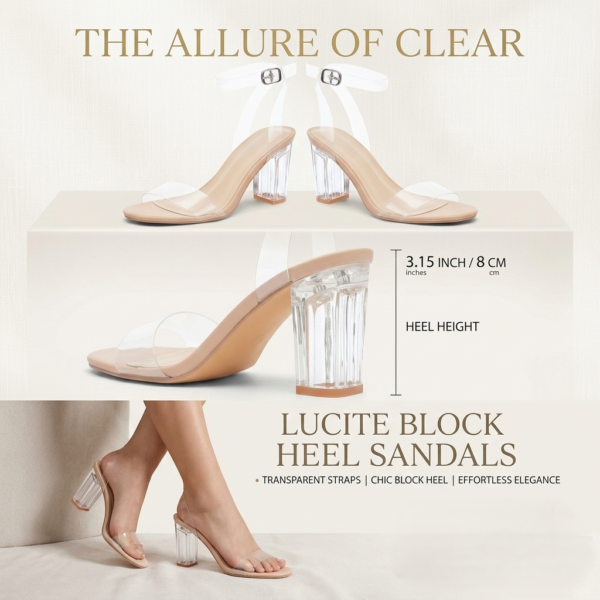 Greatonu Clear Heels Sandals for Women 2026 Open Toe Ankle Strap Clear Chunky Heels Sandal Dressy Party Wedding Shoes Transparent High Heeled Sandals