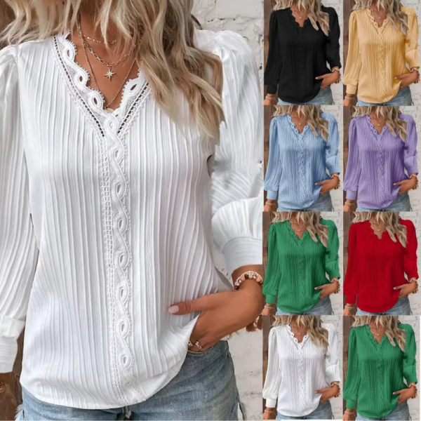 Women's Lace Stitching Shirt Loose Stitching V neck Long Sleeve Pullover Chiffon Shirt Fall Top Simple Elegant Street Blouse