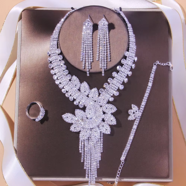 Stonefans Luxury Flowers Rhinestone Bridal Jewelry Sets for Women Christmas Accessories Necklace Bracelet Earring Ring Set Gift