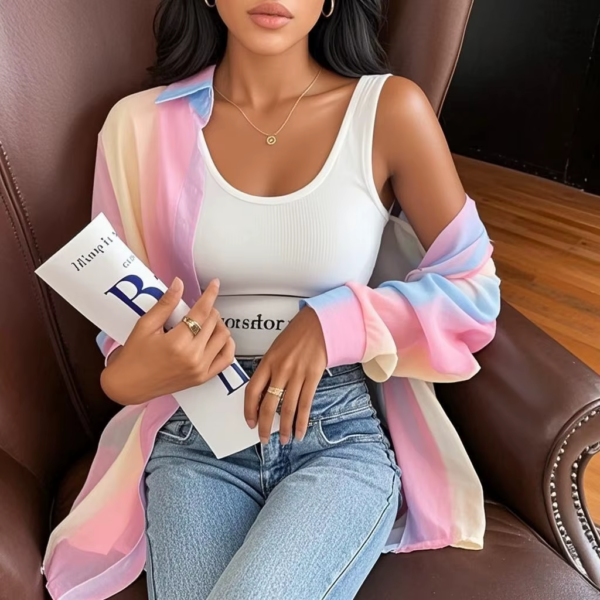 See through Irregular Gradient Rainbow Long Sleeved Shirt And Blouses Thin For Women Clothes Loose Top Pink Casual Fashion Trend
