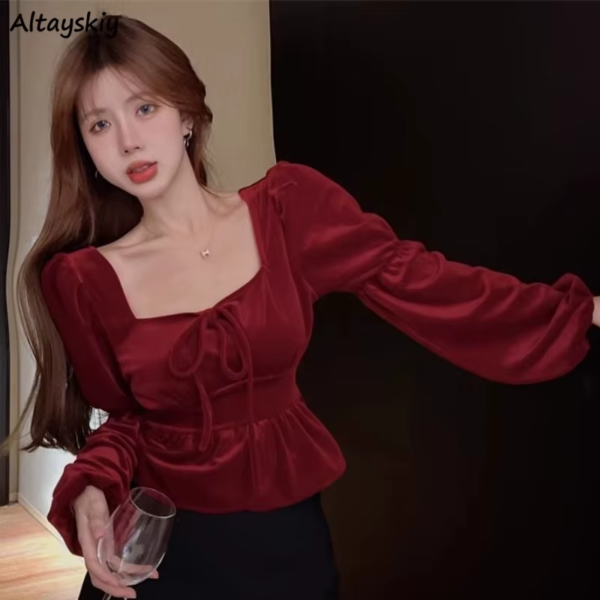 Velvet Blouses Women Crop Tops Vintage Bandage Elegant Slim Lantern Sleeve Streetwear Females All match Pure Chic Blusas Clothes