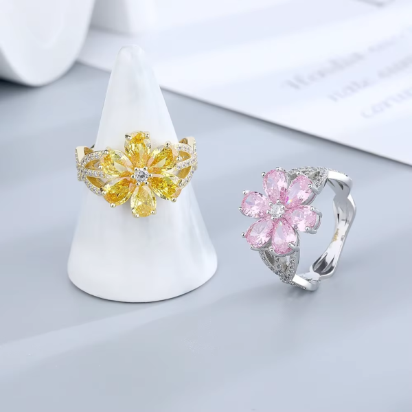 Pink Flower Sparkling Zircon Ring for Women | 18K Gold Plated Shiny Trendy Romantic Accessory | Engagement Wedding Fine Jewelry