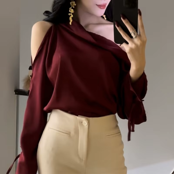 French Red Off shoulder Long sleeved Shirt for Women in Autumn Pure Niche Design High end Satin Top