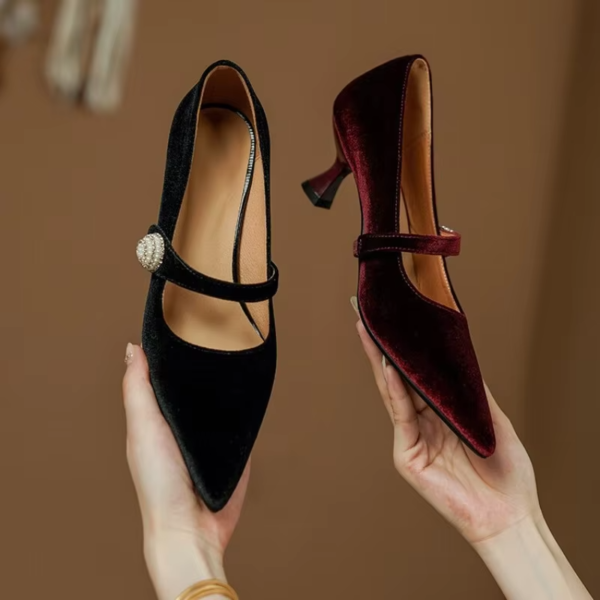 Wine Red Pointed Toe Mary Jane Shoes Women's Vintage One Buckle Stiletto Pointed Toe Single Shoes Velvet Pumps