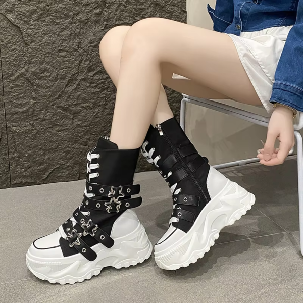 Single Boots Autumn New Round Toe Front Lace Up Platform Non Slip Mid Tubular Boots Size Up To 42