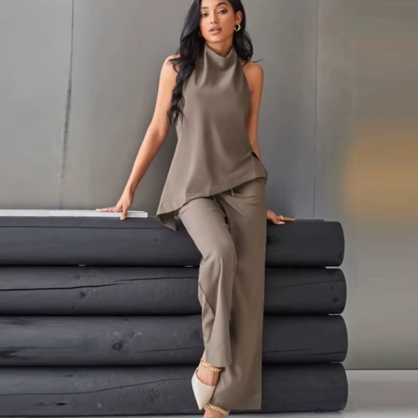 Satin Pant Sets | Women's Two Pieces Set | Asymmetric Halter Top Set | 2 Piece Woman Outfit | Chic High Waist Lace Up Trousers Sets