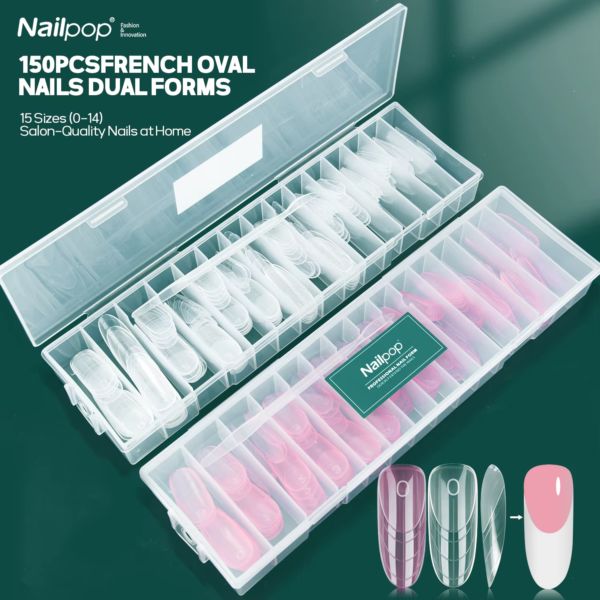 Nailpop 150pcs French Nail Dual Forms Oval Shape Reusable Transparent Pink Gel Acrylic Nail Tips Extension Builder Molds Tool
