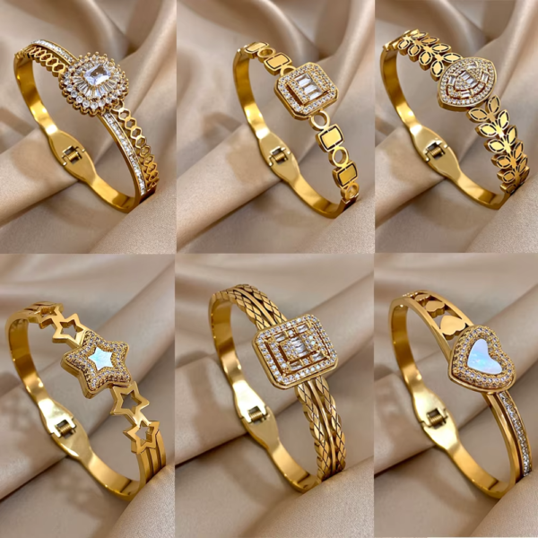 Stainless Steel Bangle Bracelet | Inlay Luxury Rhinestones | Gorgeous Synthetic Zirconia | Geometric Oval Square Stars Shape for Women