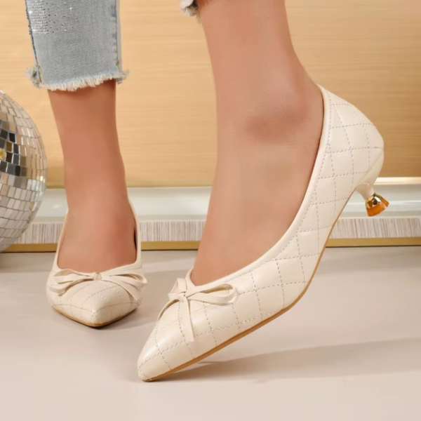 Vintage Women's Pointed Toe Bow Kitten Heels Pumps, Quilted Stiletto Heels for Office & Daily, Sexy Work Shoes Plus Size Leather