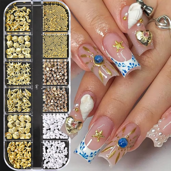 12Grids Ocean Gold Nail Art Charms Shell/Seahorse/Starfish White Half Round Pearl Gems 3D Mixed Punk Manicure Metal Rivets Studs