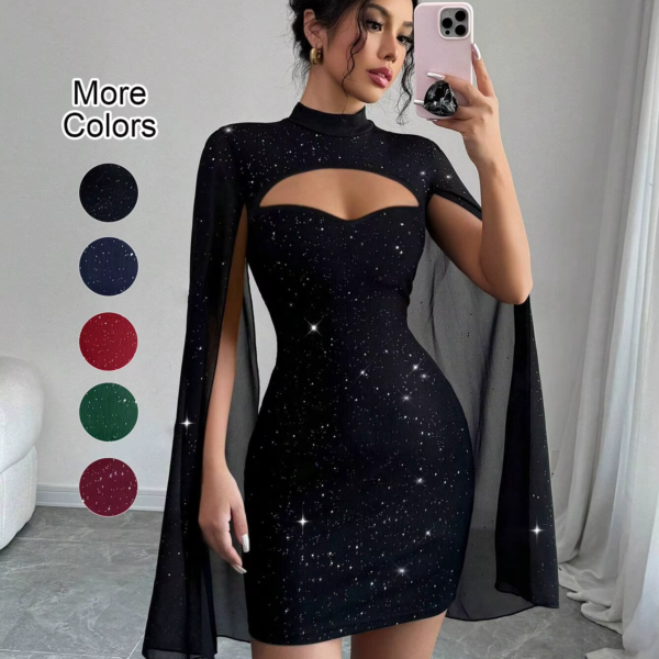 Sexy Women's Stand Collar Cape Mini Dress | Sequins Sparkling Club Party Night Out | Fitted Bodycon