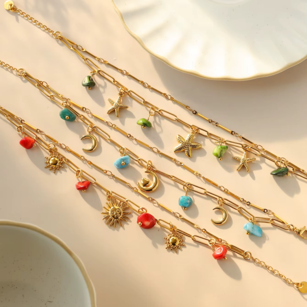 Fashionable trend design double layer natural stone moon sun starfish pendant | bracelet women waterproof jewelry | beach party gift