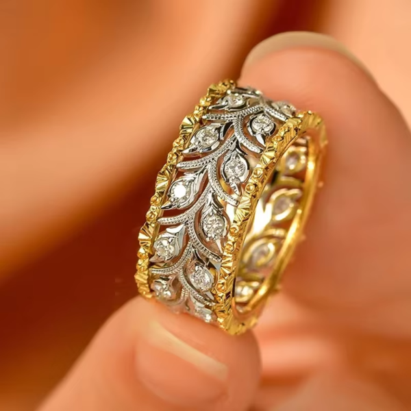 Huitan Unique Hollow out Leaf Designed Rings for Women Sparkling Two Tone Finger Accessories Fashion Engagement Wedding Jewelry
