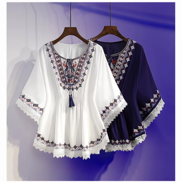 Women Summer Tees Retro Boho Style Embroidery Blouses Cloak Top Loose Cotton Lace Hem Bat sleeve Kimono Shirts Blusa Feminina
