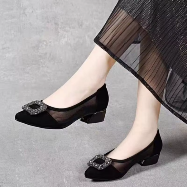 Elegant Pointed Toe Mesh Block Heel Pumps, Rhinestone Square Buckle Decorated Shallow Shoes,  Breathable Office Shoes for Women